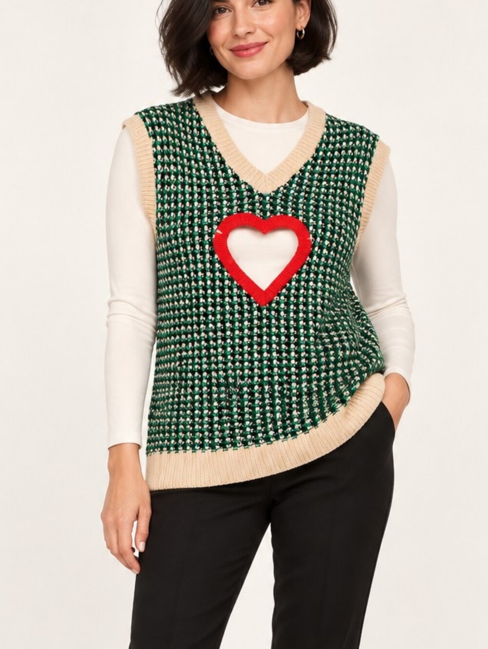 Zara Sweater Vest S/M Green Knit Handmade Heart Cutout Cotton Artsy Preppy